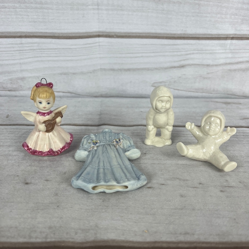 Lot 4 Snow Winter Baby Figurines & Holiday Ornaments Dress Girl Lute Christmas